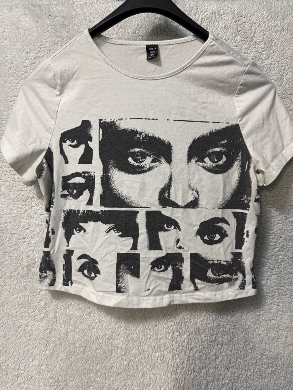 SHEIN White Crop Tee with Black Graphic Eye Print